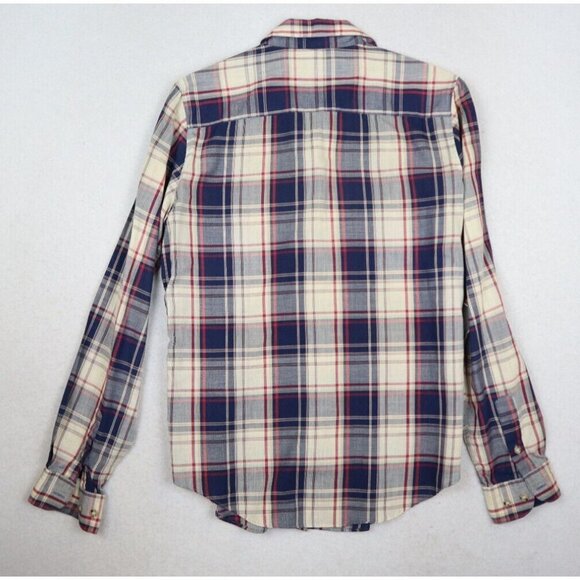 VINTAGE WOMEN'S BLUE & BEIGE PLAID LONG SLEEVE BUTTON-UP SHIRT - ESSENTIALS - 10 - Picture 6 of 8